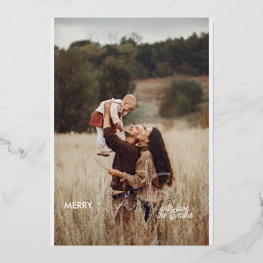 1 Foto Handgeschreven Script Vrolijk Kerstfeest Folie Feestdagenkaart (Voorkant)