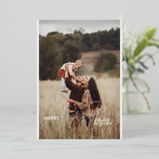 1 Foto Handgeschreven Script Vrolijk Kerstfeest Folie Feestdagenkaart (Staand Voorkant)