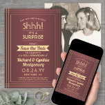 1 foto Jubileum Surprise Party Bourgondië & Gold Save The Date<br><div class="desc">Kun je een geheim bewaren? Nodig familie en vrienden uit voor een elegant en spannend verrassingsjubileumfeest met aangepaste foto bordeaux en goud om de datumuitnodigingen te bewaren. Afbeelding en alle bewoordingen op deze sjabloon zijn eenvoudig te personaliseren, inclusief een bericht met de tekst "Shhh! Het is een verrassing." Het ontwerp...</div>