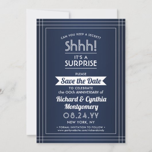 1 foto Jubileum Surprise Party Navy Blauw Wit Save The Date (Voorkant)