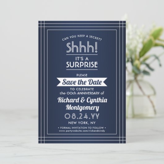 1 foto Jubileum Surprise Party Navy Blauw Wit Save The Date (Staand voorkant)