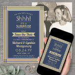 1 foto Jubileum Surprise Party Navy Blue Gold Save The Date<br><div class="desc">Kun je een geheim bewaren? Nodig familie en vrienden uit voor een elegant en spannend verrassingsjubileumfeest met aangepaste foto marineblauw en goud om de datumuitnodigingen te bewaren. Afbeelding en alle bewoordingen op deze sjabloon zijn eenvoudig te personaliseren, inclusief een bericht met de tekst "Shhh! Het is een verrassing." Het ontwerp...</div>