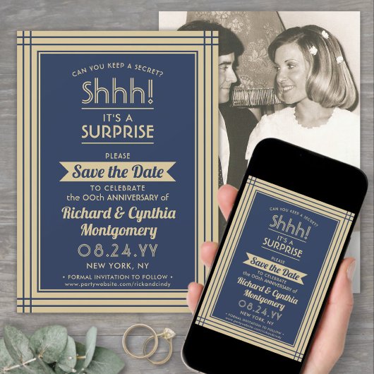 1 foto Jubileum Surprise Party Navy Blue Gold Save The Date