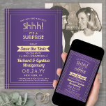 1 Foto Jubileum Surprise Party Paarse en Gold Save The Date<br><div class="desc">Kun je een geheim bewaren? Nodig familie en vrienden uit voor een elegant en spannend verrassingsjubileumfeest met aangepaste foto paarse en gouden bewaar de datumuitnodigingen. Afbeelding en alle bewoordingen op deze sjabloon zijn eenvoudig te personaliseren, inclusief een bericht met de tekst "Shhh! Het is een verrassing." Het ontwerp heeft een...</div>