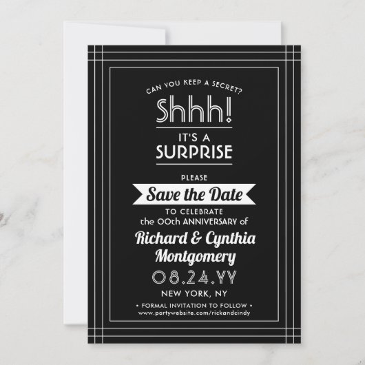 1 Foto Jubileum Surprise Party Zwart-wit Save The Date (Voorkant)