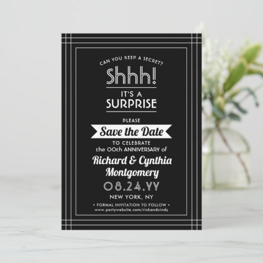 1 Foto Jubileum Surprise Party Zwart-wit Save The Date (Staand voorkant)