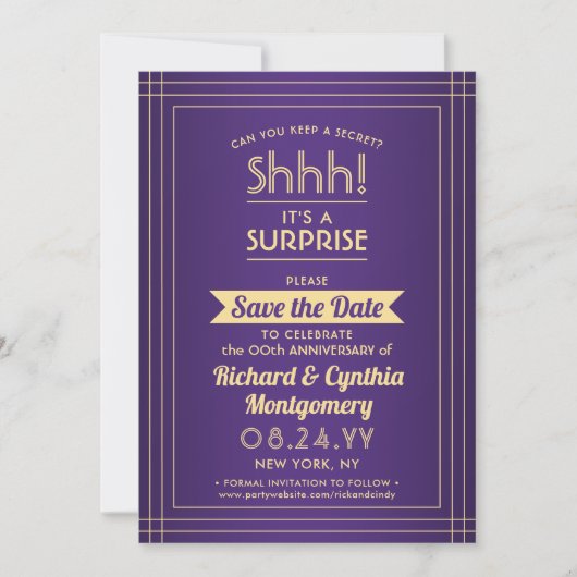 1 Foto Jubileum Verjaardag Surprise Feest Paars en Save The Date (Voorkant)