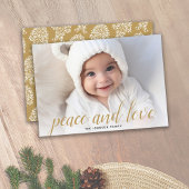 1 Foto Kerst Script Goud Damast Vrede Feestdagenkaart