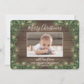 1 Foto Kerstgroen, rustiek hout en verlichting Feestdagenkaart (Voorkant)