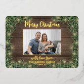 1 Foto Kerstgroen, rustiek hout en verlichting Folie Feestdagenkaart (Voorkant)