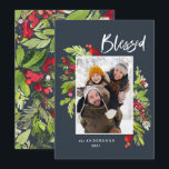 1 foto kerstmarinier met waterverf zonder dop feestdagenkaart<br><div class="desc">Gezegelde waterverf Fred en groen foliage 1 foto kerstfeestkaart. Mooie waterverf schilderde bladeren en moderne scripttekst. Een deel van een collectie.</div>