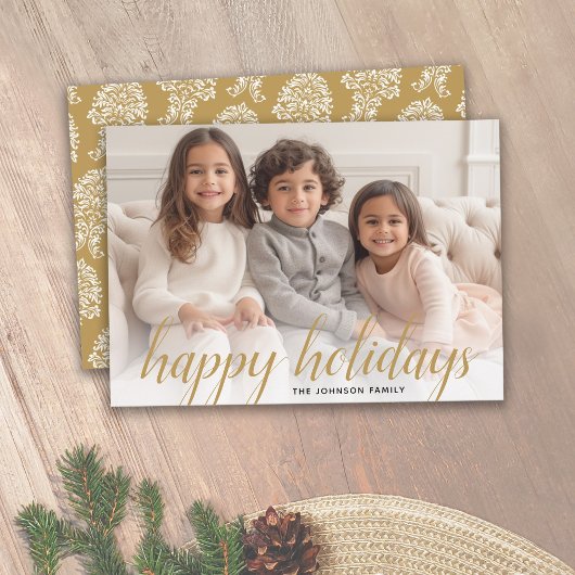 1 Foto kerstscript Gold Damask Happy Feestdagenkaart