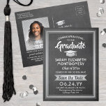 1 Foto Krijtbord Grijs Afstuderen Save the Date Aankondigingskaart<br><div class="desc">Deel het vrolijke nieuws van uw aanstaande graduatiepartij evenals een favoriet afbeelding met deze zwarte faux krijtboard, wit en zilver sparen de datumbriefkaart uitnodigingen. De foto en al tekst zijn eenvoudig aan te passen. (AFBEELDING PLACEMENT TIP: Een gemakkelijke manier om een foto precies te centreren hoe u wilt is het...</div>