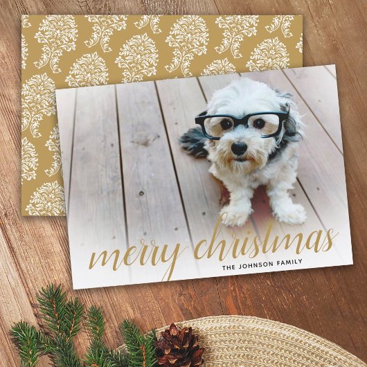 1 Foto Merry Kerstscript Gold Damask Feestdagenkaart