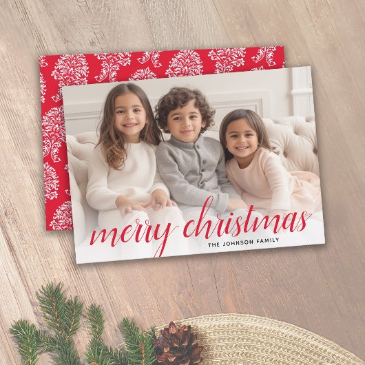 1 Foto Merry Kerstscript Red Damask Feestdagenkaart