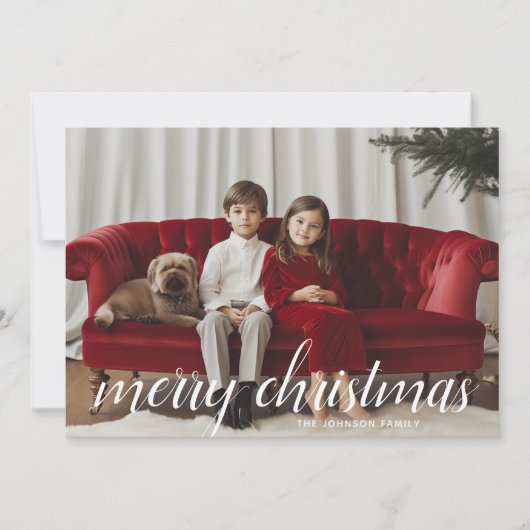 1 Foto Merry Kerstscript White Damask Feestdagenkaart (Voorkant)