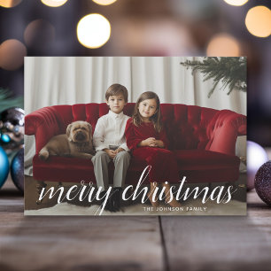 1 Foto Merry Kerstscript White Damask Feestdagenkaart