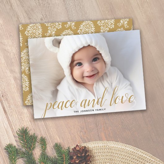 1 Foto met kerstscript Gold Damask Peace Feestdagenkaart