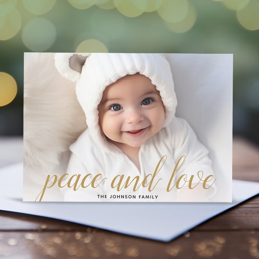 1 Foto met kerstscript Gold Damask Peace Feestdagenkaart