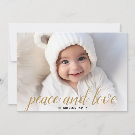 1 Foto met kerstscript Gold Damask Peace Feestdagenkaart (Voorkant)