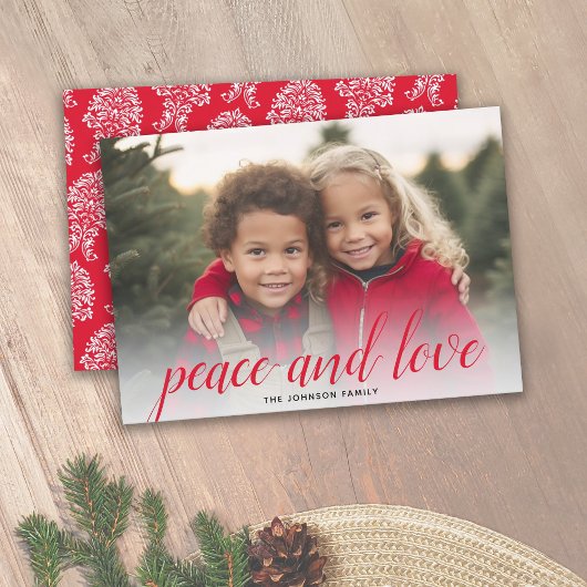 1 Foto met kerstscript Red Damask Peace Feestdagenkaart