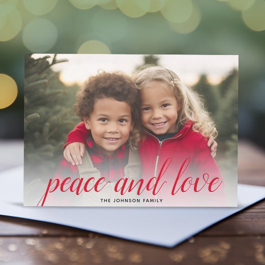 1 Foto met kerstscript Red Damask Peace Feestdagenkaart