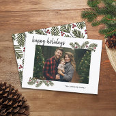1 Foto met Whimsical Pine Branches Calligraphy Feestdagenkaart