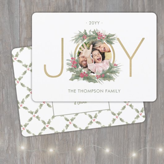 1 Foto Modern JOY  Waterverf Holly Wreath Feestdagenkaart