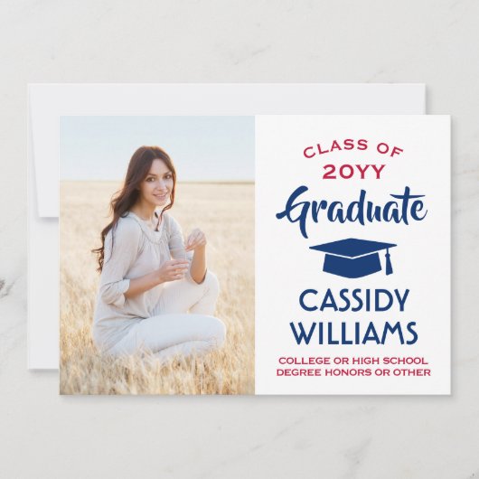 1 Foto Modern Red White en Blue Afstuderen Aankondiging (Voorkant)