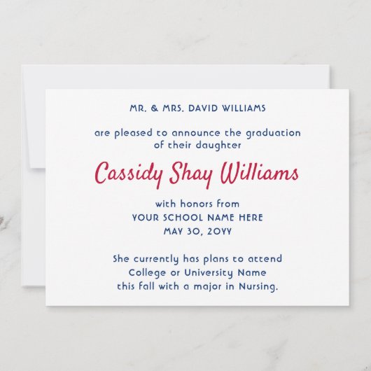 1 Foto Modern Red White en Blue Afstuderen Aankondiging (Achterkant)