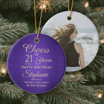 1 Foto OM HET EVEN WELKE Verjaardag Geborsteld Paa Keramisch Ornament<br><div class="desc">Proost en we zijn jarig! Vier een vrolijke mijlpaal met een aangepaste foto paarse en gouden ronde keramische ornament. Alle bewoordingen van deze sjabloon (inclusief "Proost 21 jaar") zijn ingesteld voor een 21e verjaardag, maar zijn eenvoudig te personaliseren voor elk jaar of type evenement. Design beschikt over een paarse faux...</div>