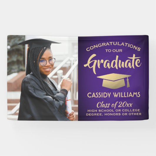 1 Foto Paars en Gold Modern Afstuderen Spandoek (Horizontaal)