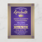 1 Foto Paars Gold White Afstuderen Save the Date Aankondigingskaart (Voorkant)