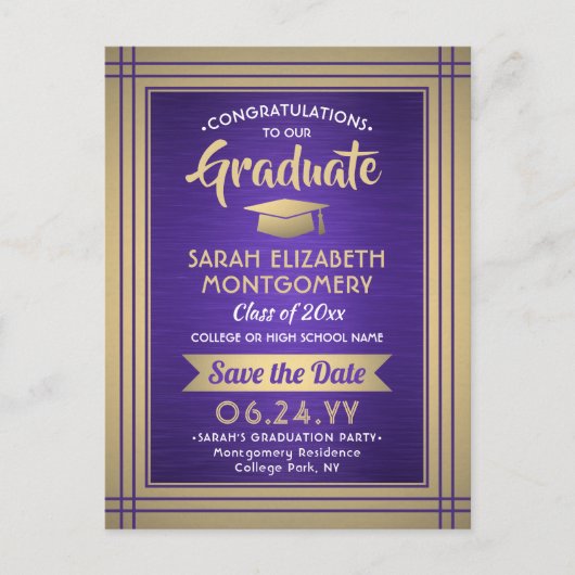 1 Foto Paars Gold White Afstuderen Save the Date Aankondigingskaart (Voorkant)