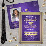 1 Foto Paars Gold White Afstuderen Save the Date Aankondigingskaart<br><div class="desc">Deel het vrolijke nieuws van een komende graduatie-partij en één favoriete foto met deze moderne paarse, gouden en witte foto's, met uitzondering van de datumuitnodiging briefkaarten. Al tekst is eenvoudig aan te passen. (AFBEELDING PLACEMENT TIP: Een gemakkelijke manier om een foto precies te centreren hoe u wilt is het te...</div>
