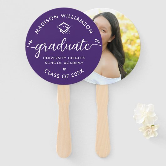 1 Foto Paarse Afstuderen Modern Script Hearts Pet Handwaaier (Voorkant en achterkant)