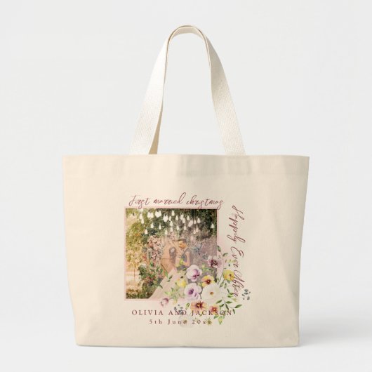 1 foto Passen getrouwd 1e getrouwd kerst roze teks Grote Tote Bag (Voorkant)