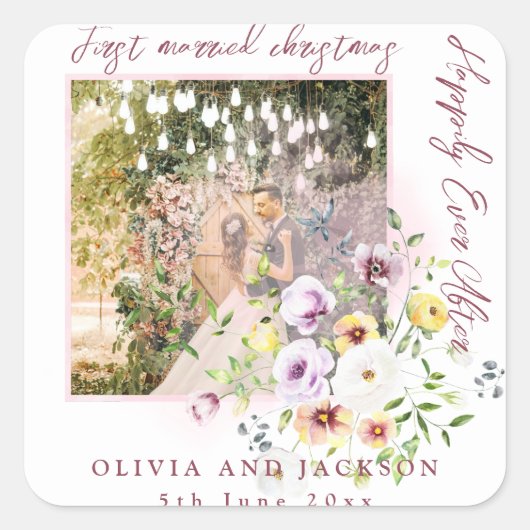 1 foto Passen getrouwd 1e getrouwd kerst roze teks Vierkante Sticker (Voorkant)