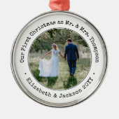 1 Foto Passen getrouwd Eerste Kerstmis Zwart-wit Metalen Ornament (Voorkant)