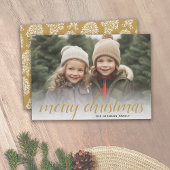 1 Foto Prettig Kerstman Script Goud Damast Feestdagenkaart