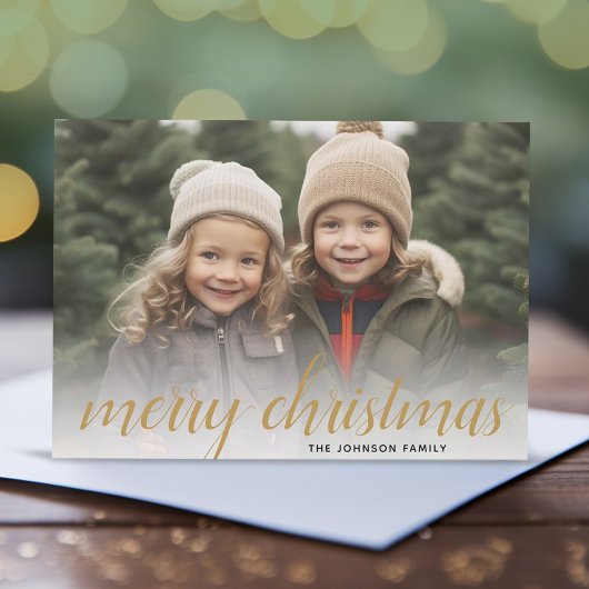 1 Foto Prettig Kerstman Script Goud Damast Feestdagenkaart