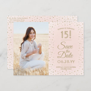 1 Foto Quinceanera Save the Date Pink and Gold Uitnodiging Briefkaart