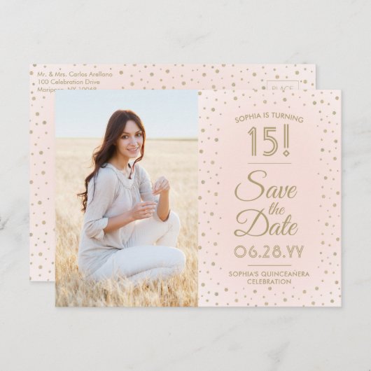 1 Foto Quinceanera Save the Date Pink and Gold Uitnodiging Briefkaart (Voorkant / Achterkant)