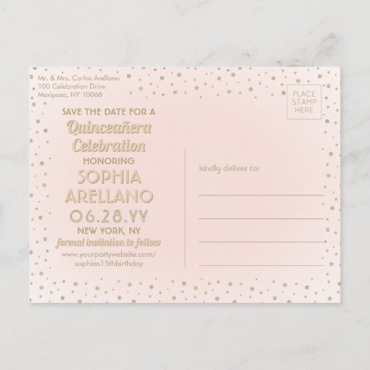 1 Foto Quinceanera Save the Date Pink and Gold Uitnodiging Briefkaart (Achterkant)