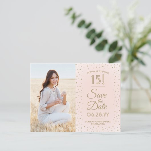 1 Foto Quinceanera Save the Date Pink and Gold Uitnodiging Briefkaart (Staand voorkant)