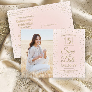 1 Foto Quinceanera Save the Date Pink and Gold Uitnodiging Briefkaart