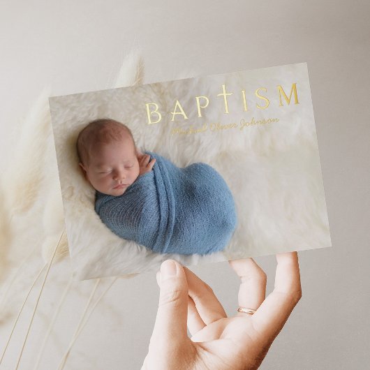 1 Foto Religieuze Cross Blue Boy Baptism Gold Folie Uitnodiging