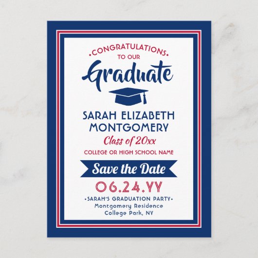 1 Foto rood wit en blauw Afstuderen Opslaan datum Aankondigingskaart (Voorkant)