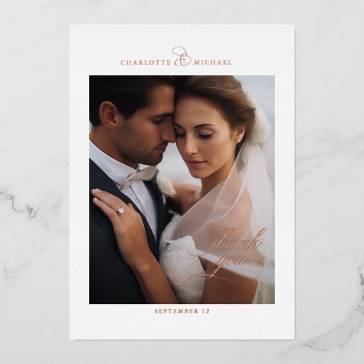 1 Foto, Roos-Goud-Folie, DANK U! Folie Uitnodiging (Voorkant)