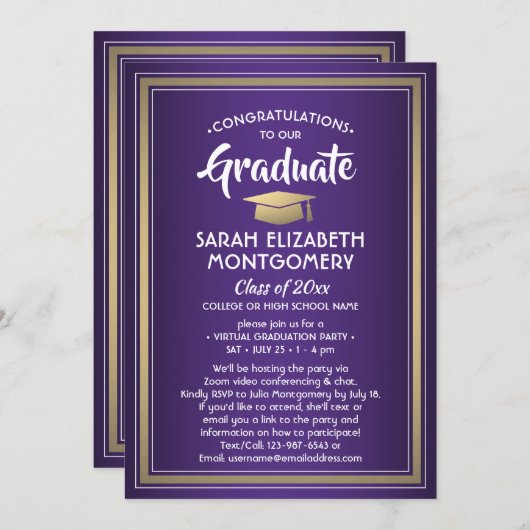 1 Foto Virtual Graduation Party Paars Gold White Kaart (Voorkant / Achterkant)